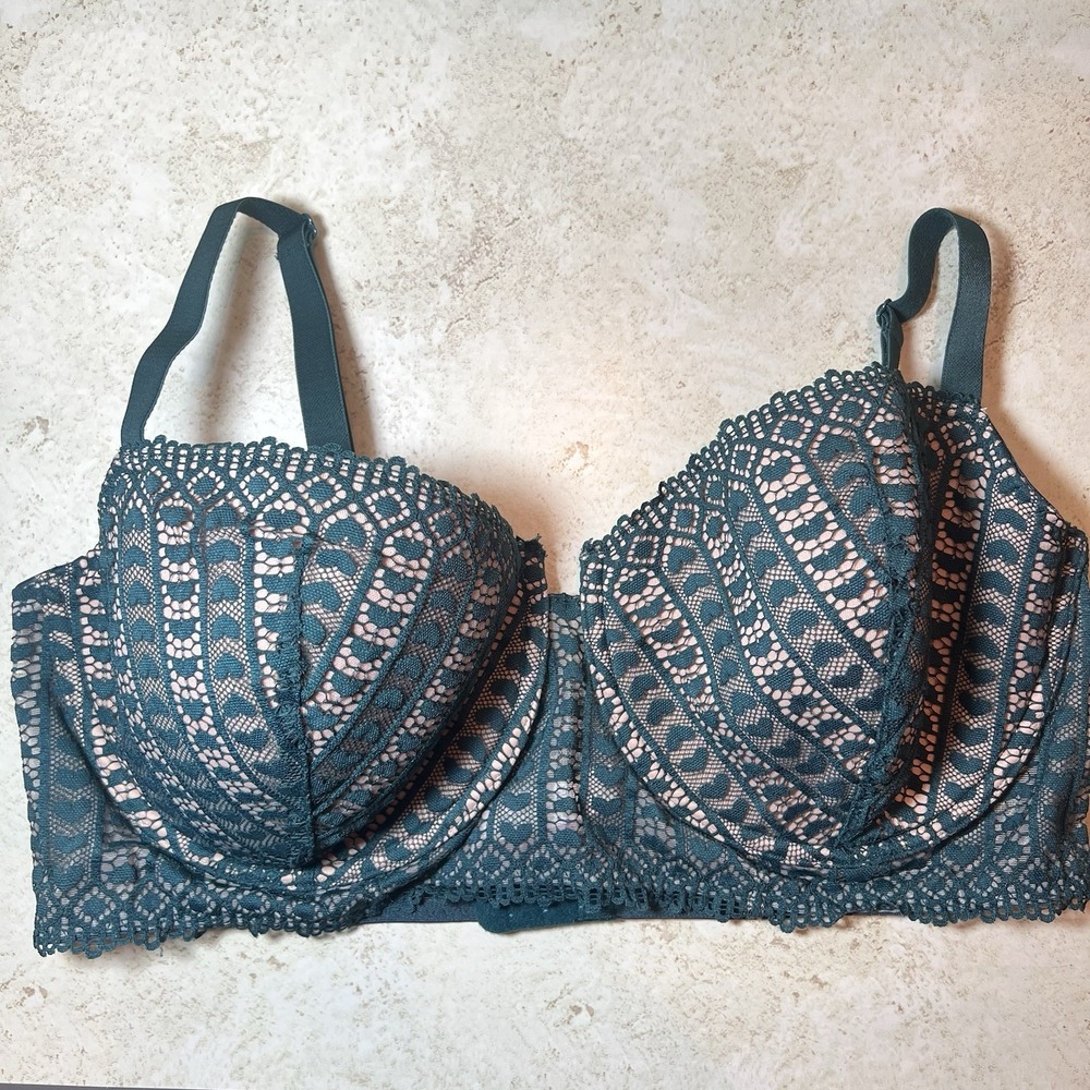 Adore Me 42DD Green Lace Sheer Heart Pattern Corset Bra Lingerie